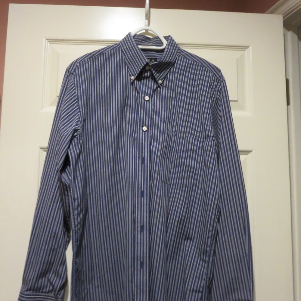 Men's JOS A. BANK navy/white  Striped Long-Sleeve Dress Shirt Sz M